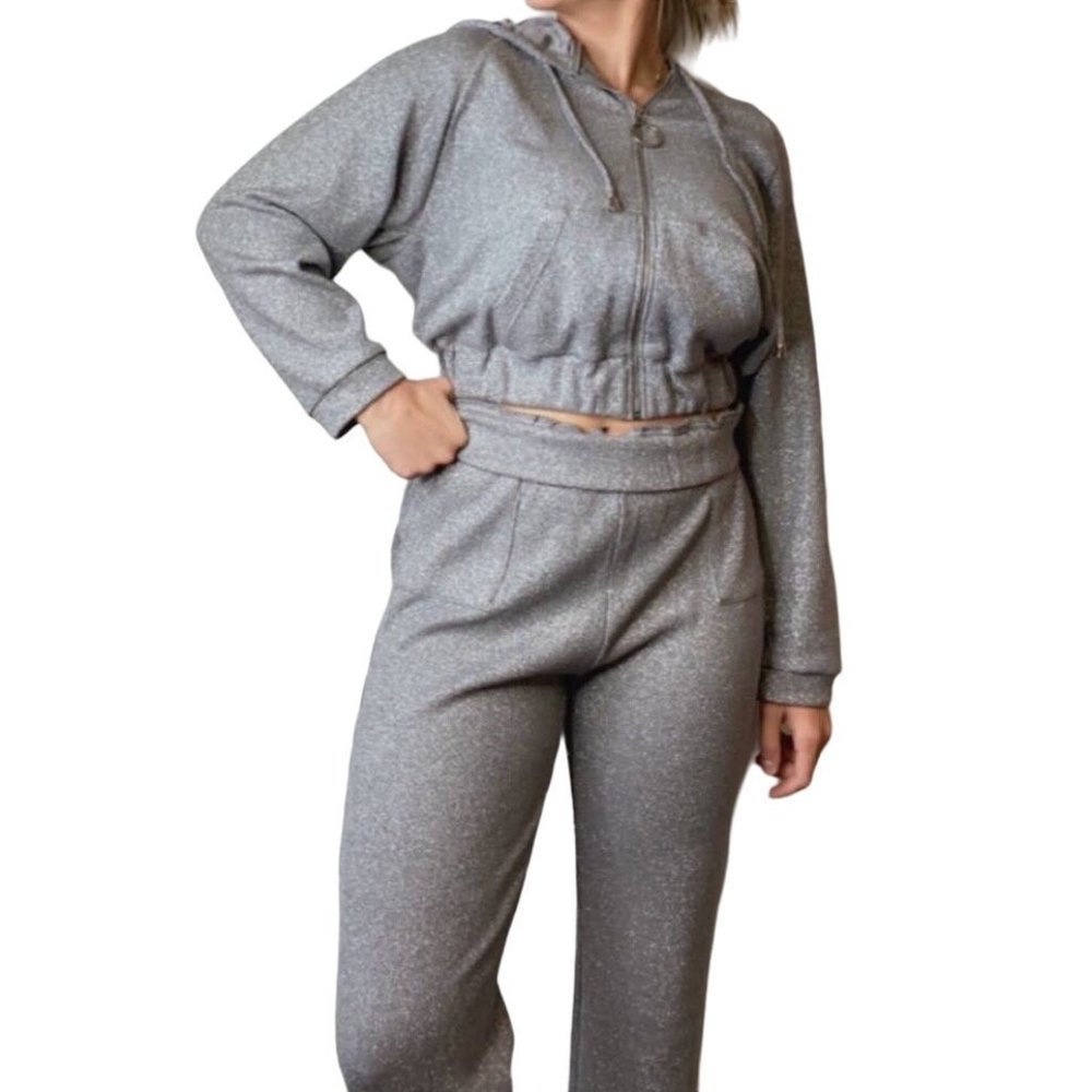 La Pateau Shimmer Silver Gray Jogger Set Size 10 NWT
